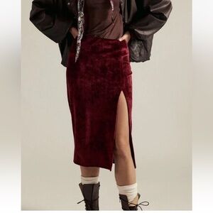 Free People Dolan Velour Column Midi Slit Deep Maroon Skirt NWT Size XS